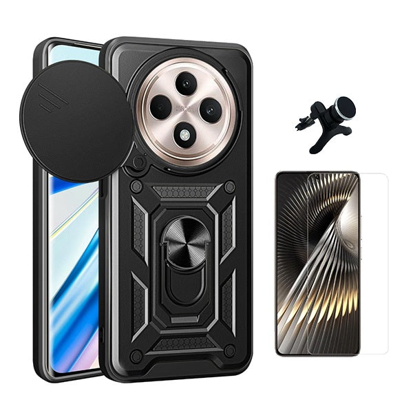Kit Vidro Temperado Cleargorilasglass + Capa de Proteção Militar Magnética Janela + Suporte Magnético Com Pernas Gift4Me Para Oppo Reno12 FS 4G - Preto