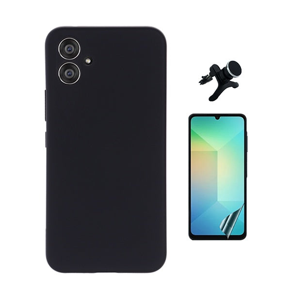 Kit Película Protectora de Hydrogel Frente + Capa Proteção Silicone + Suporte Reforçado de Carro Gift4Me Para Samsung Galaxy A06 - Preto