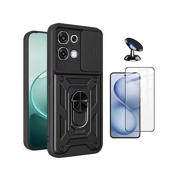 Kit Película de Vidro Temperado Gorilasglass + Capa de Proteção Militar Magnética Janela + Suporte Magnético GIFT4ME Para Oppo A6 Pro - Preto