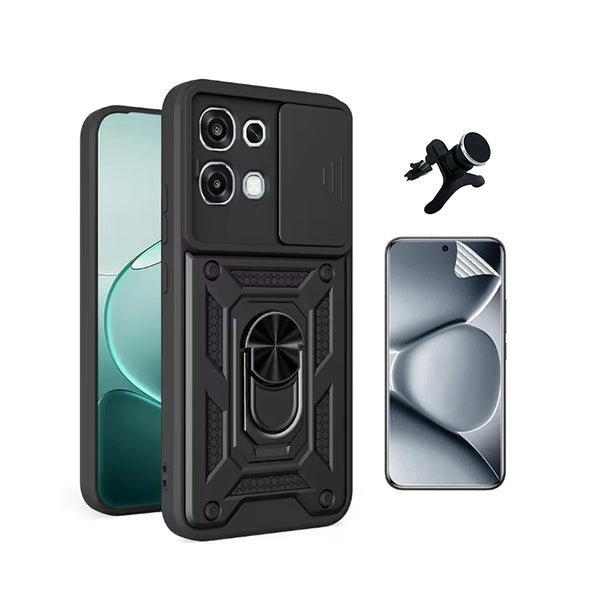 Kit Película Protectora de Hydrogel Frente + Capa de Proteção Militar Magnética Janela + Suporte Magnético Com Pernas GIFT4ME Para Oppo A6 Pro - Preto