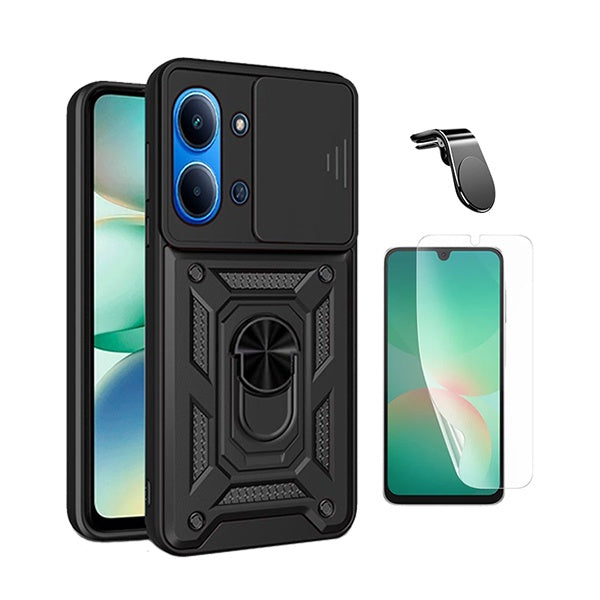 Kit Película Protectora de Hydrogel Frente + Capa de Proteção Militar Magnética Janela + Suporte de Carro Magnético L GIFT4ME Para Xiaomi Poco C85 - Preto