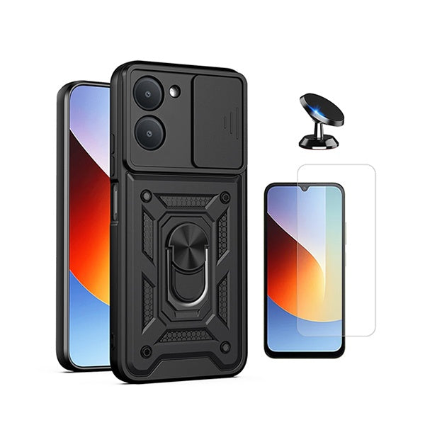Kit Vidro Temperado Cleargorilasglass + Capa de Proteção Militar Magnética Janela + Suporte Magnético GIFT4ME Para Xiaomi Redmi A7 4G - Preto