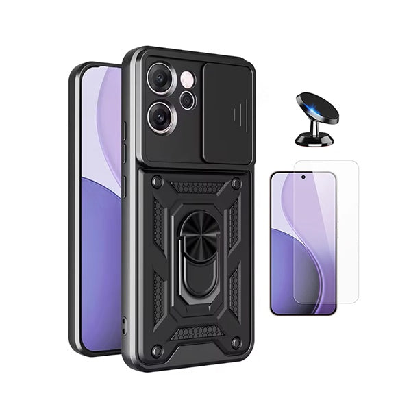 Kit Vidro Temperado Cleargorilasglass + Capa de Proteção Militar Magnética Janela + Suporte Magnético GIFT4ME Para Oppo Reno14 F - Preto