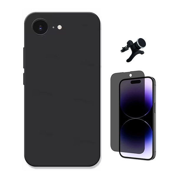 Kit Película de Vidro Temperado Privacidade + Capa Proteção Silicone + Suporte Reforçado de Carro GIFT4ME Para Apple iPhone 16e - Preto