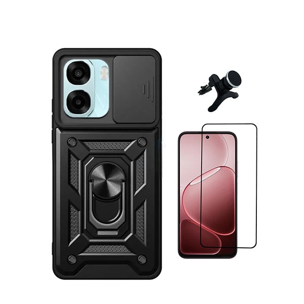 Kit Película de Vidro Temperado Gorilasglass + Capa de Proteção Militar Magnética Janela + Suporte Magnético Com Pernas GIFT4ME Para Oppo A6 - Preto