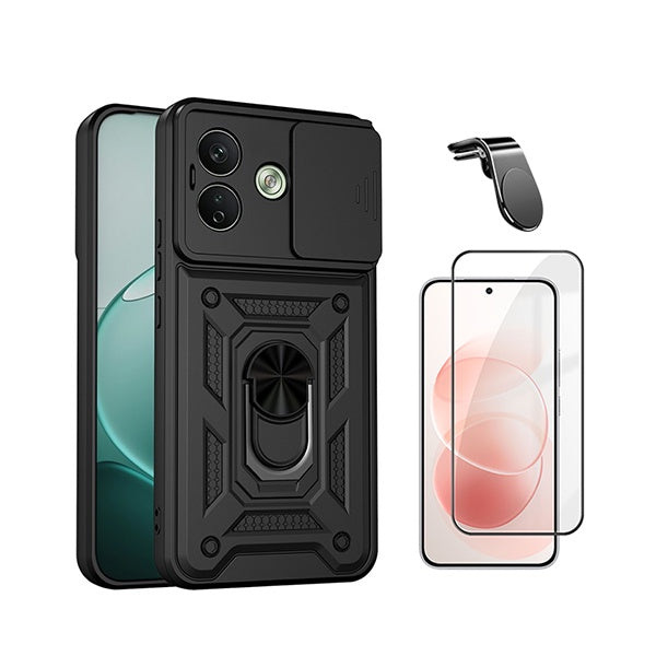 Kit Película de Vidro Temperado Gorilasglass + Capa de Proteção Militar Magnética Janela + Suporte de Carro Magnético L GIFT4ME Para Xiaomi Redmi Note 17 Pro 5G - Preto