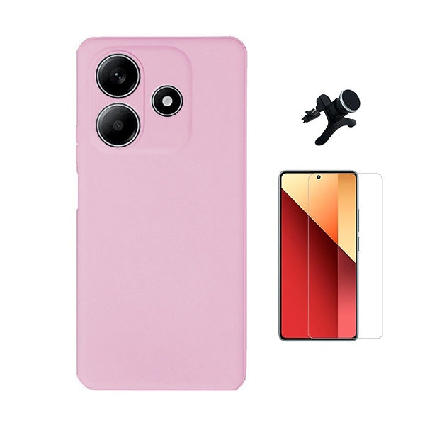 Kit Vidro Temperado Cleargorilasglass + Capa Proteção Silicone + Suporte Reforçado de Carro Gift4Me Para Xiaomi Redmi Note 14 - Rosa