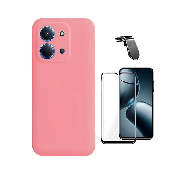 Kit Película de Vidro Temperado Gorilasglass + Capa Proteção Silicone + Suporte Magnético L GIFT4ME Para Xiaomi Poco C85 - Rosa