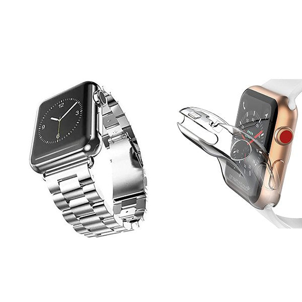 Kit Bracelete de Aço + Ferramenta + Capa Proteção Total para Apple Watch Series 11 - 46mm - Cinza / Transparente