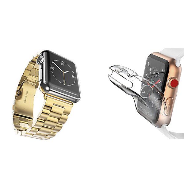Kit Bracelete de Aço + Ferramenta + Capa Proteção Total para Apple Watch Series 11 - 42mm - Ouro / Transparente