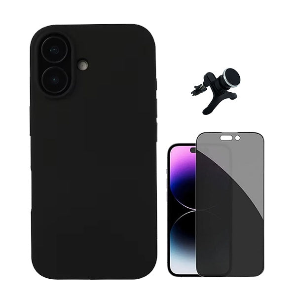 Kit Película de Vidro Temperado Privacidade + Capa Proteção Traseira Silicone + Suporte Reforçado de Carro GIFT4ME Compativel Com Apple iPhone 16 - Preto