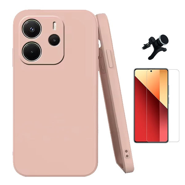 Kit Vidro Temperado Cleargorilasglass + Capa Proteção Silicone + Suporte Reforçado de Carro GIFT4ME Para Xiaomi Redmi Note 14 5G - Rosa