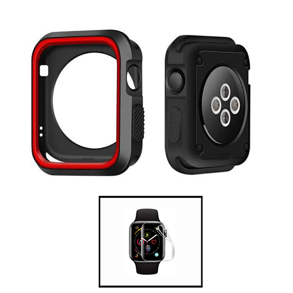 Kit Capa de Proteção Reforçada + Película de Hydrogel para Apple Watch SE 3 - 40mm - Preto / Vermelho