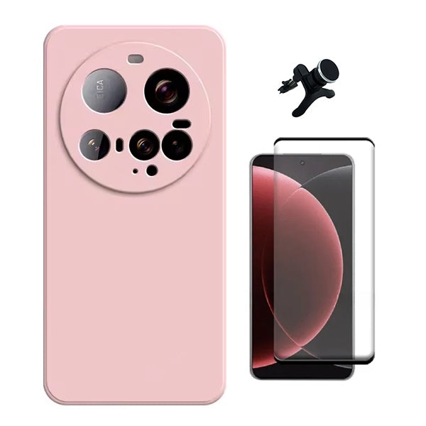 Kit Película de Vidro Temperado Gorilasglass Curvado + Capa Proteção Silicone + Suporte Reforçado de Carro GIFT4ME Para Xiaomi 15 Ultra - Rosa