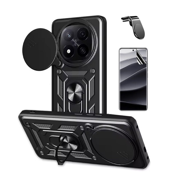 Kit Película Protectora de Hydrogel Frente + Capa de Proteção Militar Magnética Janela + Suporte de Carro Magnético L Gift4Me Para Xiaomi Redmi Note 14 Pro + Plus - Preto