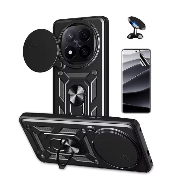 Kit Película Protectora de Hydrogel Frente + Capa de Proteção Militar Magnética Janela + Suporte Magnético Gift4Me Para Xiaomi Redmi Note 14 Pro + Plus - Preto