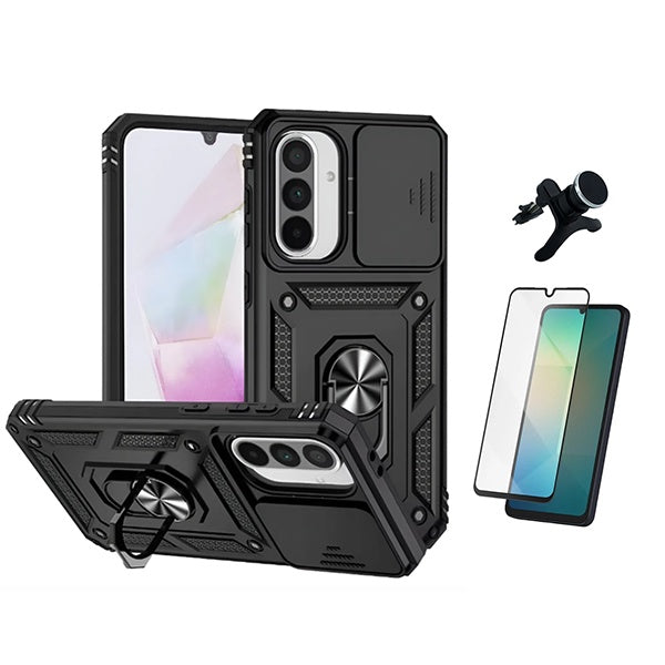 Kit Película de Vidro Temperado Gorilasglass + Capa de Proteção Militar Magnética Janela + Suporte Magnético Com Pernas GIFT4ME Para Samsung Galaxy A17 5G - Preto