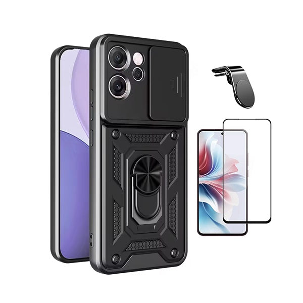 Kit Película de Vidro Temperado Gorilasglass Curvado + Capa de Proteção Militar Magnética + Suporte de Carro Magnético L GIFT4ME Para Oppo Reno14 F - Preto