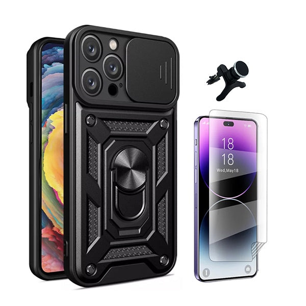 Kit Película Protectora de Hydrogel Frente + Capa de Proteção Militar Magnética Janela + Suporte Magnético Com Pernas GIFT4ME Compativel Com Apple iPhone 16 Pro - Preto