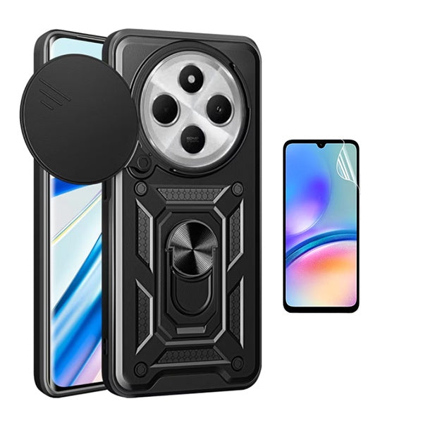 Kit Película Protectora de Hydrogel Frente + Capa de Proteção Militar Magnética Janela Gift4Me Para Xiaomi Redmi 14C - Preto