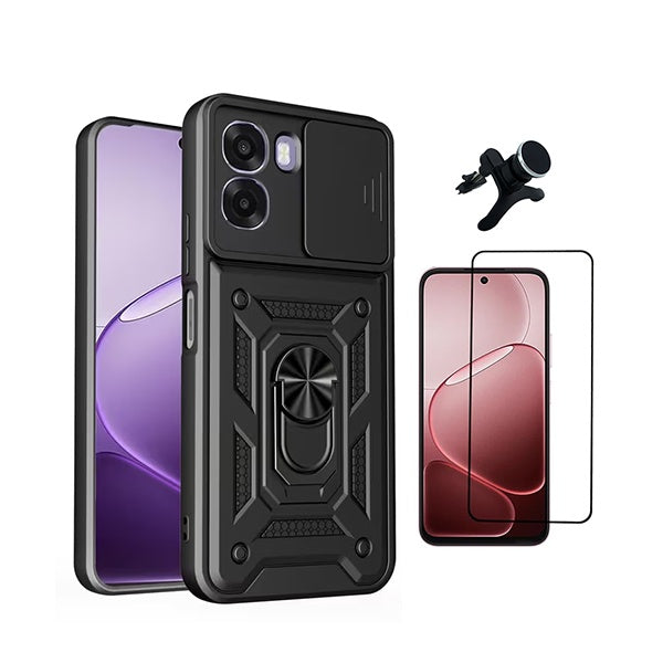 Kit Película de Vidro Temperado Gorilasglass + Capa de Proteção Militar Magnética Janela + Suporte Magnético Com Pernas GIFT4ME Para Oppo A6x - Preto