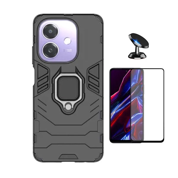 Kit Película de Vidro Temperado Gorilasglass + Capa de Proteção Militar Magnética + Suporte Magnético GIFT4ME Para Oppo A3 4G - Preto