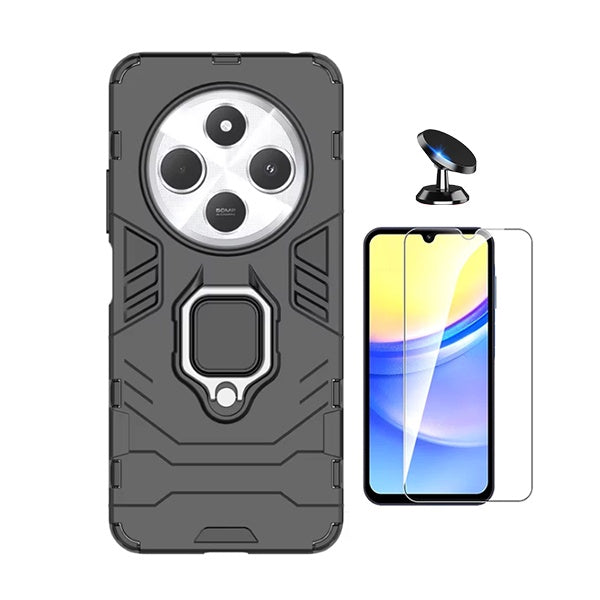Kit Vidro Temperado Cleargorilasglass + Capa de Proteção Militar Magnética + Suporte Magnético Gift4Me Para Xiaomi Redmi 14C - Preto