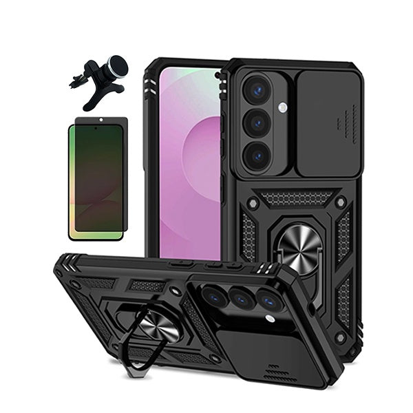 Kit Película de Vidro Temperado Privacidade + Capa de Proteção Militar Magnética Janela + Suporte Magnético Com Pernas GIFT4ME Para Samsung Galaxy S26 + Plus - Preto