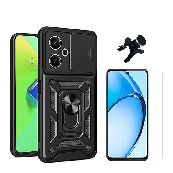 Kit Vidro Temperado Cleargorilasglass + Capa de Proteção Militar Magnética Janela + Suporte Magnético Com Pernas GIFT4ME Compativel Com Xiaomi Redmi 13 5G - Preto