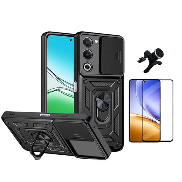 Kit Película de Vidro Temperado Gorilasglass + Capa de Proteção Militar Magnética Janela + Suporte Magnético Com Pernas GIFT4ME Para Oppo A5 5G - Preto