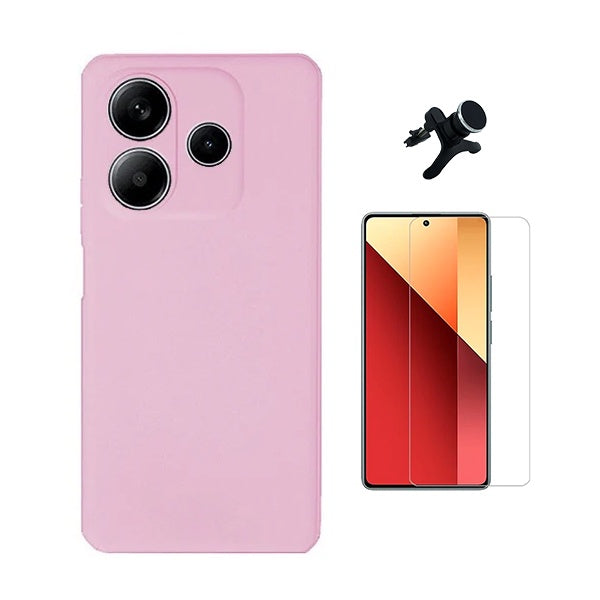 Kit Vidro Temperado Cleargorilasglass + Capa Proteção Silicone + Suporte Reforçado de Carro Gift4Me Para Xiaomi Redmi Note 14 4G - Rosa