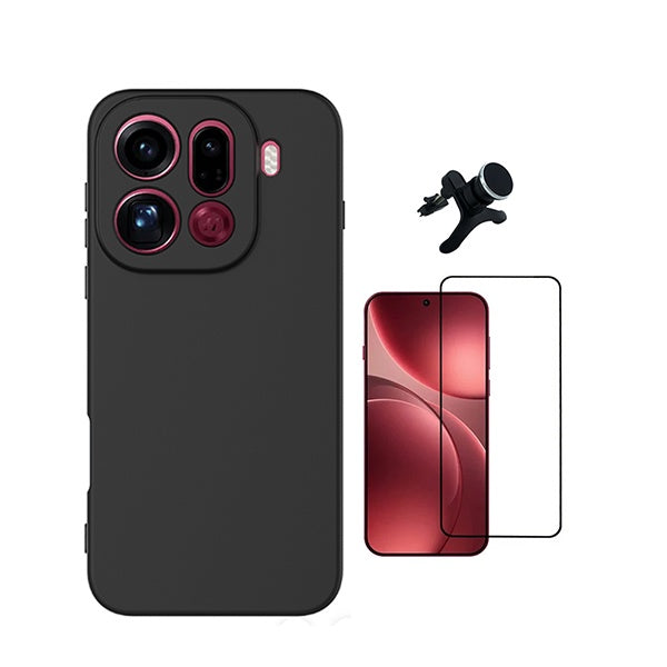 Kit Película de Vidro Temperado Gorilasglass + Capa Proteção Silicone + Suporte Reforçado de Carro GIFT4ME Para Oppo Find X9 Pro - Preto