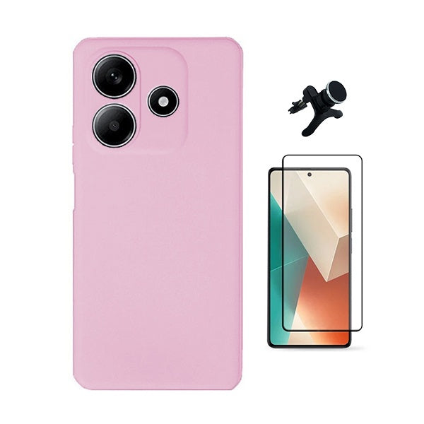 Kit Película de Vidro Temperado Gorilasglass + Capa Proteção Silicone + Suporte Reforçado de Carro Gift4Me Para Xiaomi Redmi Note 14 - Rosa