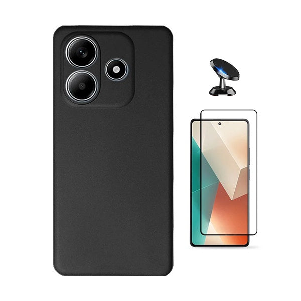 Kit Película de Vidro Temperado Gorilasglass + Capa Proteção Silicone + Suporte Magnético Gift4Me Para Xiaomi Redmi Note 14 - Preto
