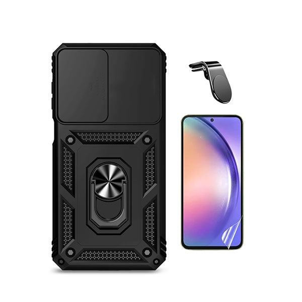 Kit Película Protectora de Hydrogel Frente + Capa de Proteção Militar Magnética Janela + Suporte de Carro Magnético L GIFT4ME Para Samsung Galaxy A27 - Preto