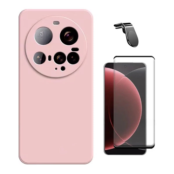 Kit Película de Vidro Temperado Gorilasglass Curvado + Capa Proteção Silicone + Suporte Magnético L GIFT4ME Para Xiaomi 15 Ultra - Rosa