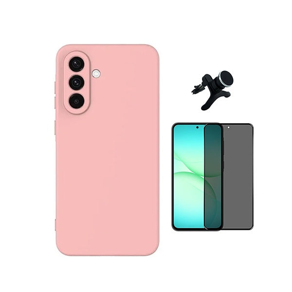 Kit Película de Vidro Temperado Privacidade + Capa Proteção Silicone + Suporte Reforçado de Carro GIFT4ME Para Samsung Galaxy A57 5G - Rosa