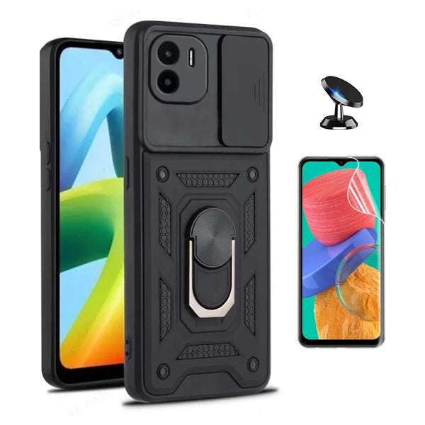 Kit Película Protectora de Hydrogel Frente + Capa de Proteção Militar Magnética Janela + Suporte Magnético Gift4Me Para Xiaomi Poco C50 - Preto