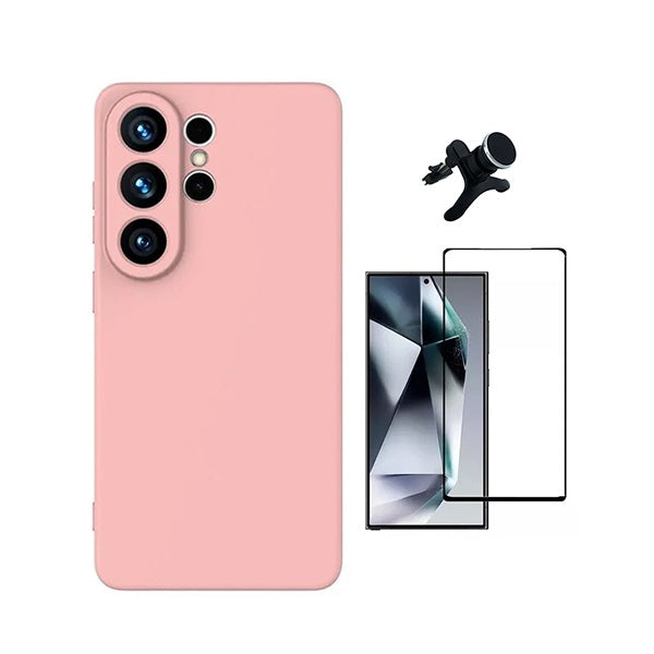 Kit Película de Vidro Temperado Gorilasglass + Capa Proteção Silicone + Suporte Reforçado de Carro GIFT4ME Para Samsung Galaxy S26 Ultra - Rosa
