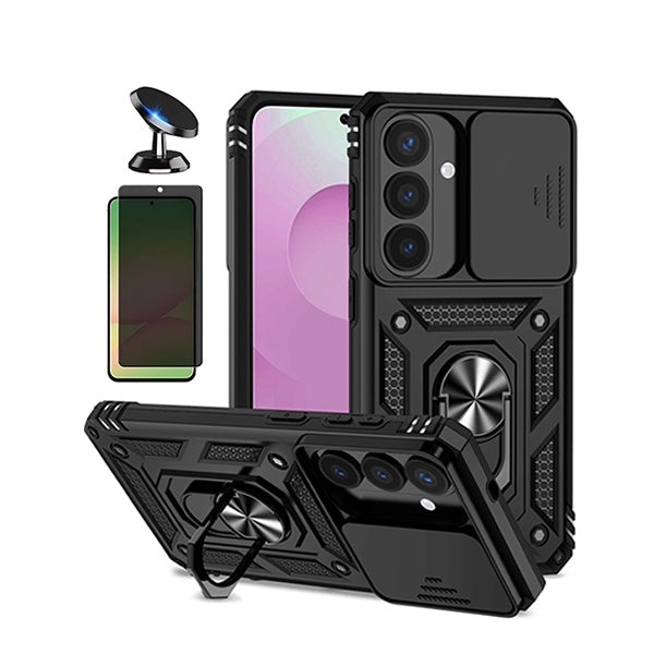 Kit Película de Vidro Temperado Privacidade + Capa de Proteção Militar Magnética Janela + Suporte Magnético GIFT4ME Para Samsung Galaxy S26 - Preto