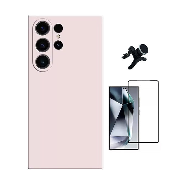 Kit Película de Vidro Temperado Gorilasglass + Capa Proteção Silicone + Suporte Reforçado de Carro Gift4Me Para Samsung Galaxy S25 Ultra - Rosa