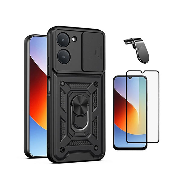 Kit Película de Vidro Temperado Gorilasglass + Capa de Proteção Militar Magnética Janela + Suporte de Carro Magnético L GIFT4ME Para Xiaomi Redmi A7 - Preto