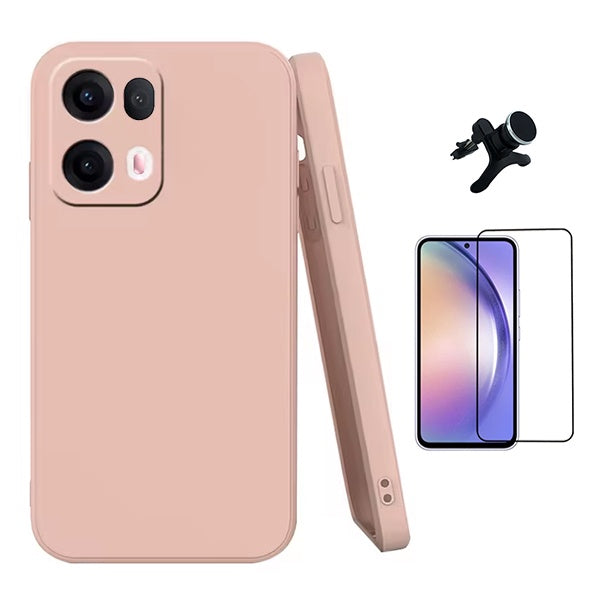 Kit Película de Vidro Temperado Gorilasglass Curvado + Capa Proteção Silicone + Suporte Reforçado de Carro GIFT4ME Para Oppo Reno13 Pro - Rosa