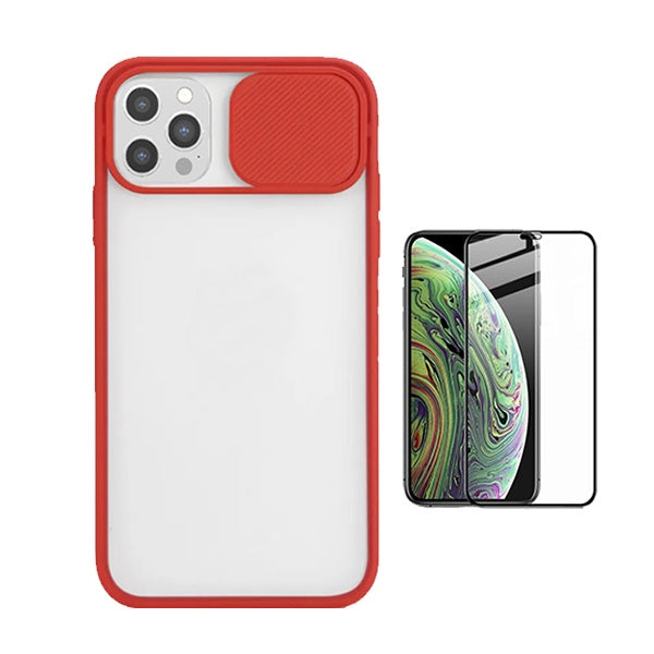 Kit Capa Proteção Camara Deslizante + Película de Vidro Temperado Gorilasglass GIFT4ME Para Apple iPhone 12 Pro - Vermelho