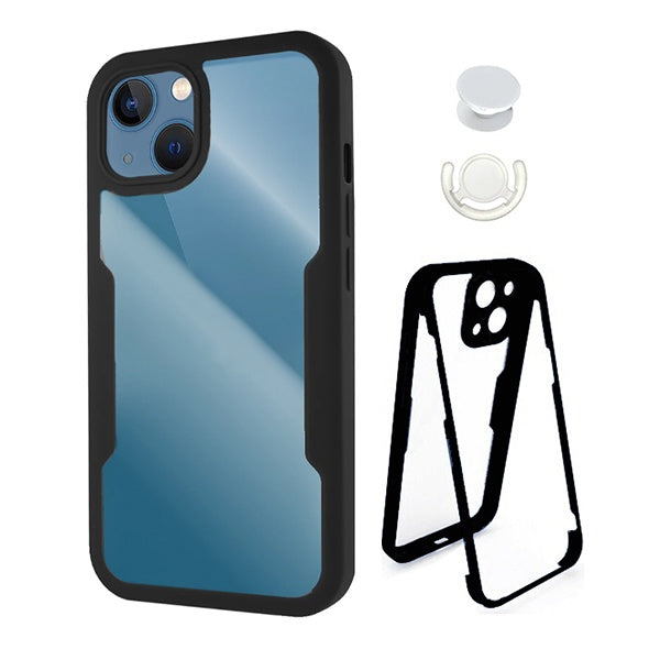 Kit Capa 360° Proteção Frente e Verso + 1 Handholder + 1 Suporte Handholder Branco Gift4Me Para Apple iPhone 13 Mini - Preto/Branco