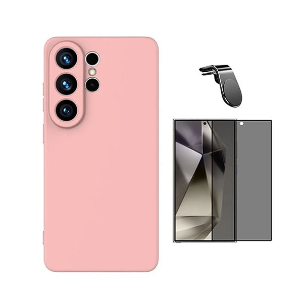 Kit Película de Vidro Temperado Privacidade + Capa Proteção Silicone + Suporte Magnético L GIFT4ME Para Samsung Galaxy S26 Ultra - Rosa