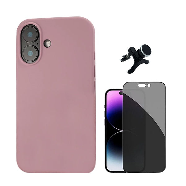 Kit Película de Vidro Temperado Privacidade + Capa Proteção Traseira Silicone + Suporte Reforçado de Carro GIFT4ME Compativel Com Apple iPhone 16 Plus - Rosa
