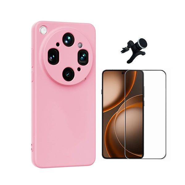 Kit Película de Vidro Temperado Gorilasglass + Capa Proteção Silicone + Suporte Reforçado de Carro GIFT4ME Para Oppo Find X9 Ultra - Rosa
