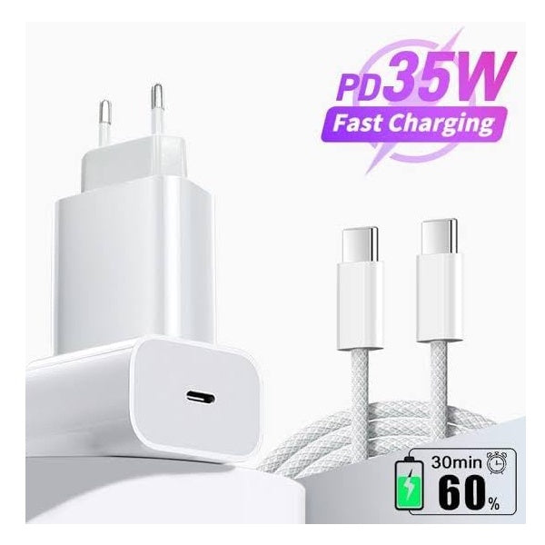 Kit Base de Carregador Type C Fastcharge 35W + Cabo de Carregamento Type C - Type C 60w GIFT4ME Para Apple iPhone 15 Pro Max - Branco