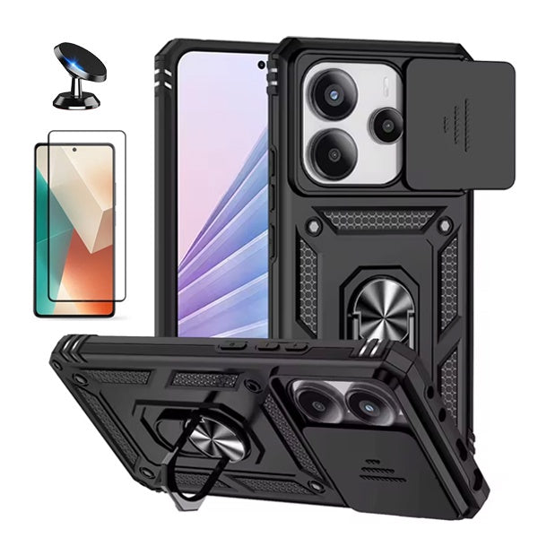 Kit Película de Vidro Temperado Gorilasglass + Capa de Proteção Militar Magnética Janela + Suporte Magnético Gift4Me Para Xiaomi Redmi Note 14 5G - Preto